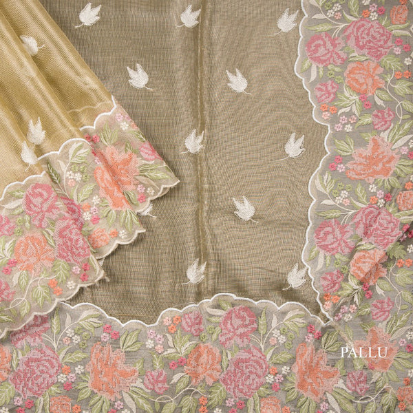 Kota Tissue Gold Thread Embroidered Saree With Floral Border