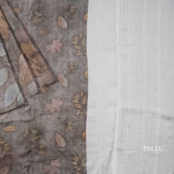 Mulberry Silk Grey Printed Saree With Leaf Design