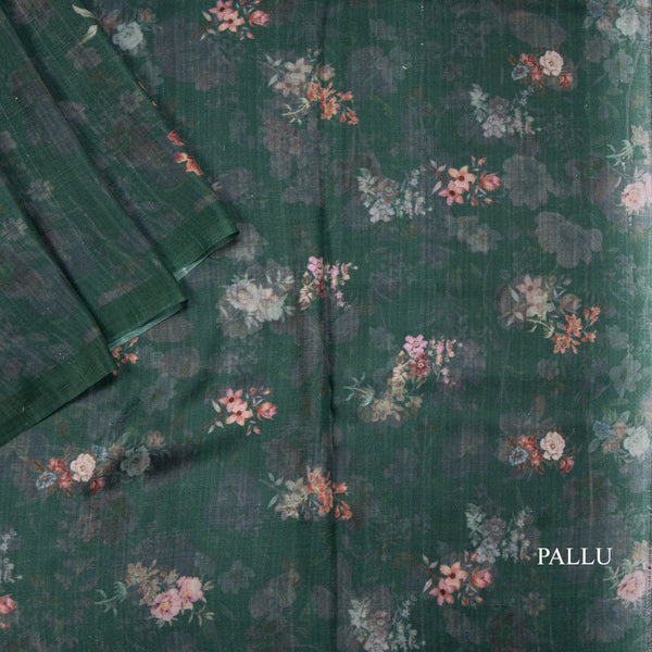 Mulberry Silk Dark Green Printed Saree With Floral Design