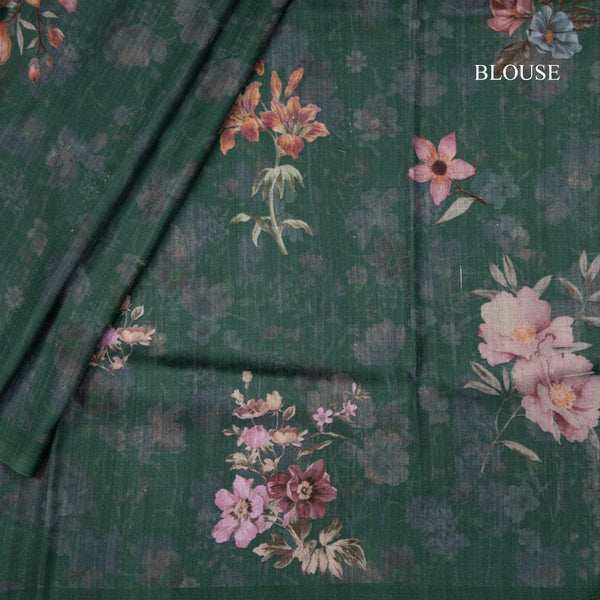Mulberry Silk Dark Green Printed Saree With Floral Design - Kumaran Silks