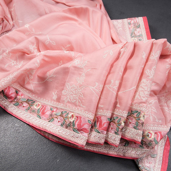 Semi Raw Silk Rose Pink Thread Embroidered Saree