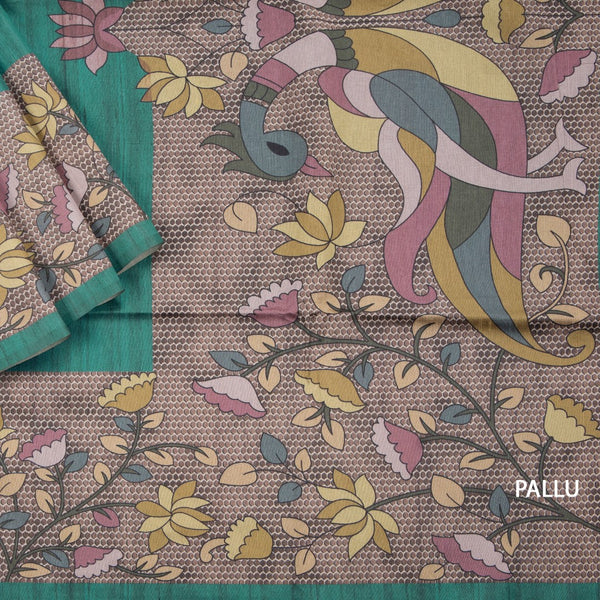 Semi Raw Silk Teal Green Printed Saree 02