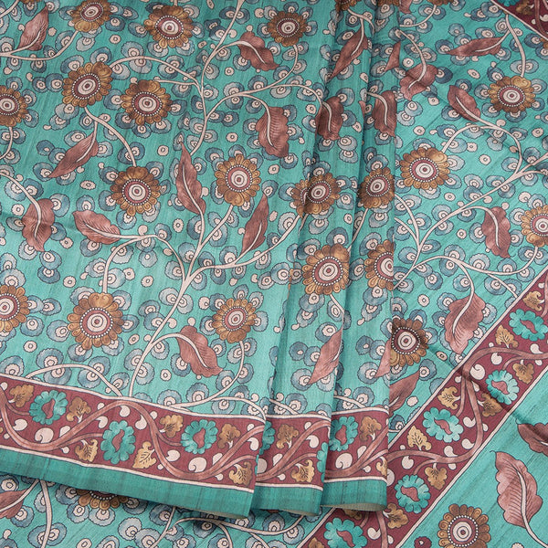 Semi Raw Silk Teal Blue Kalamkari Printed Saree