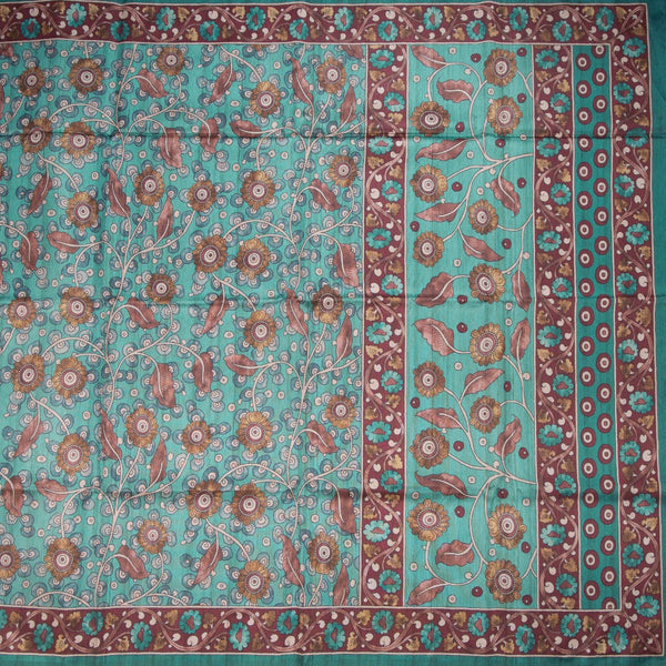 Semi Raw Silk Teal Blue Kalamkari Printed Saree