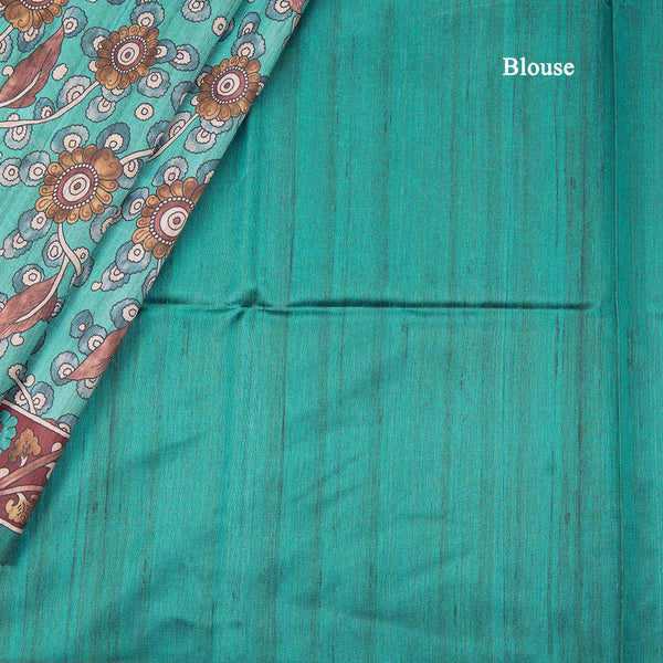 Semi Raw Silk Teal Blue Kalamkari Printed Saree - Kumaran Silks