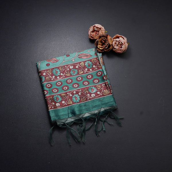 Semi Raw Silk Teal Blue Kalamkari Printed Saree
