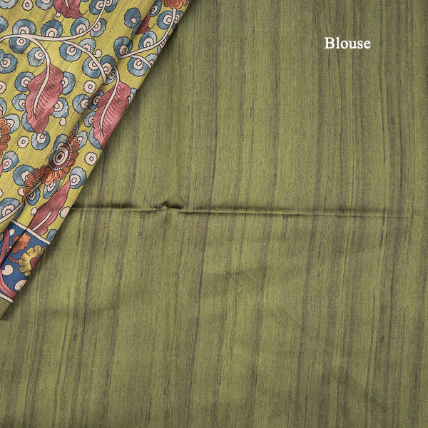 Semi Raw Silk Parrot Green Kalamkari Printed Saree - Kumaran Silks