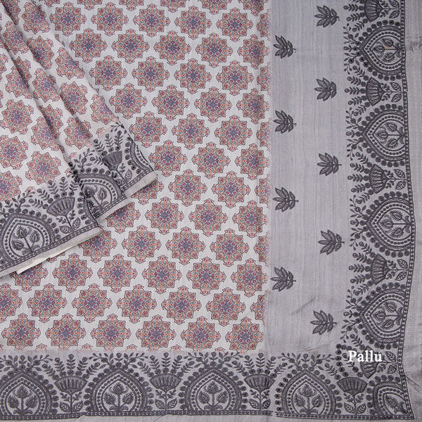 Semi Raw Silk Grey Printed Saree 09