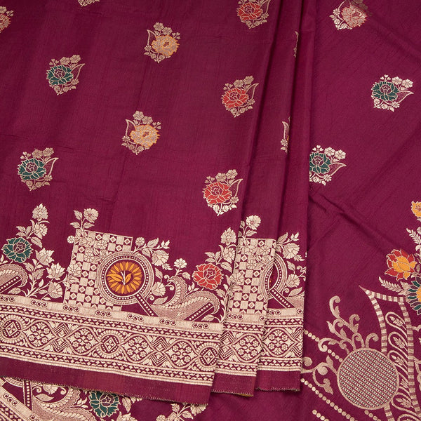 Semi Tussar Wine Colour Zari Worked Saree