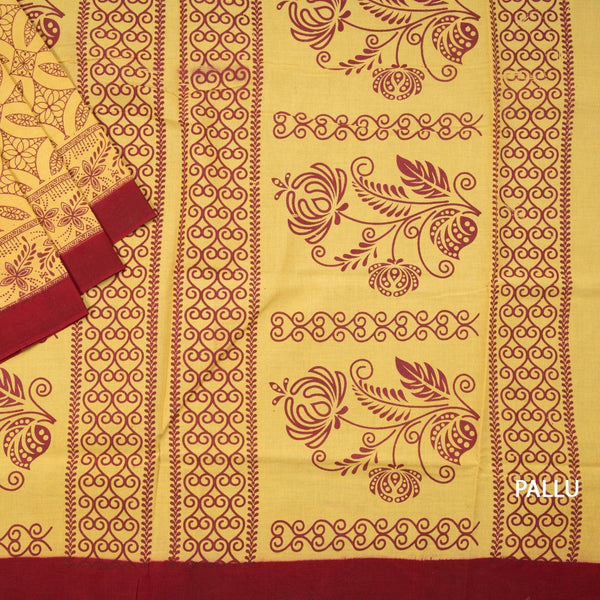 Sungudi Cotton Light Yellow Printed Saree Without Blouse