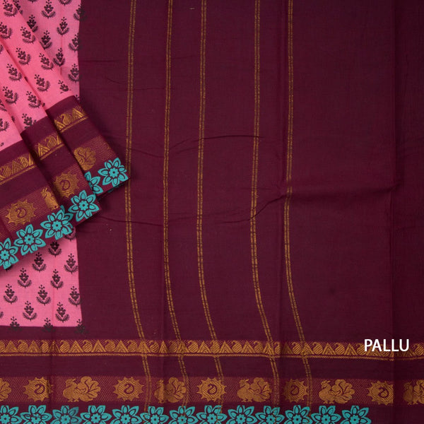Sungudi Cotton Rose Pink Printed Saree Without Blouse 05