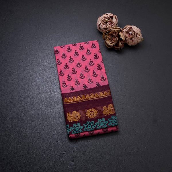 Sungudi Cotton Rose Pink Printed Saree Without Blouse 05