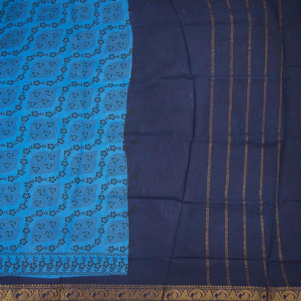 Sungudi Cotton Blue Printed Saree Without Blouse 06