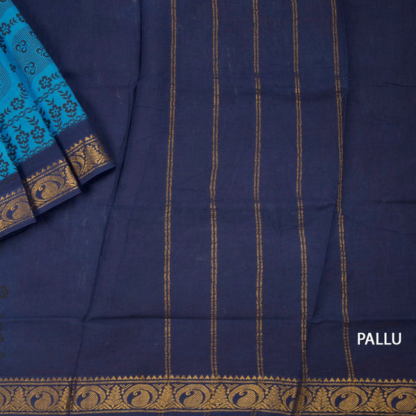 Sungudi Cotton Blue Printed Saree Without Blouse 06