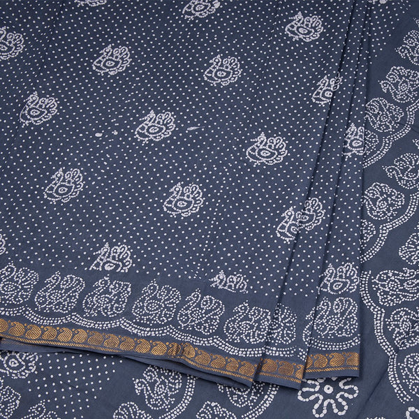 Sungudi Cotton Dark Blue Printed Saree Without Blouse