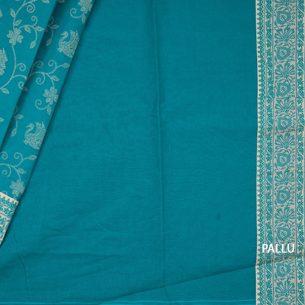 Chanderi Cotton Teal Green Printed Saree