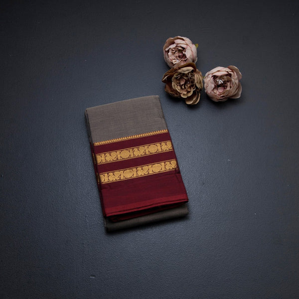 Chettinad Cotton Grey Plain Saree With Zari Border Without Blouse