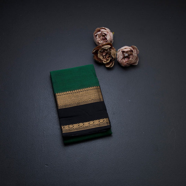 Chettinad Cotton Green Plain Saree With Zari Border Without Blouse