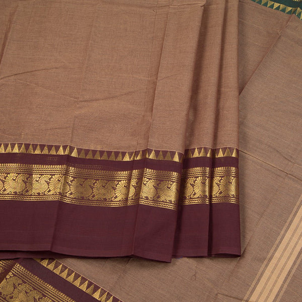 Chettinad Cotton Golden Brown Plain Saree With Temple Border Without Blouse