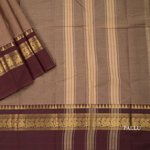 Chettinad Cotton Golden Brown Plain Saree With Temple Border Without Blouse
