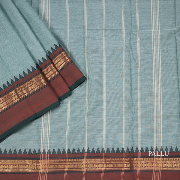 Chettinad Cotton Pista Green Plain Saree With Temple Border Without Blouse