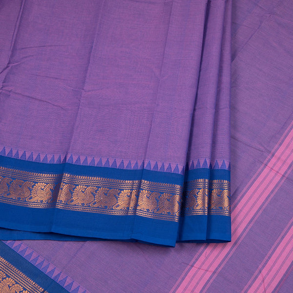 Chettinad Cotton Purple Plain Saree With Temple Border Without Blouse