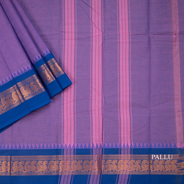 Chettinad Cotton Purple Plain Saree With Temple Border Without Blouse