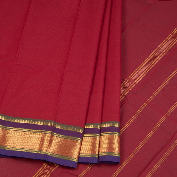 Chettinad Cotton Maroon Plain Saree With Temple Border Without Blouse