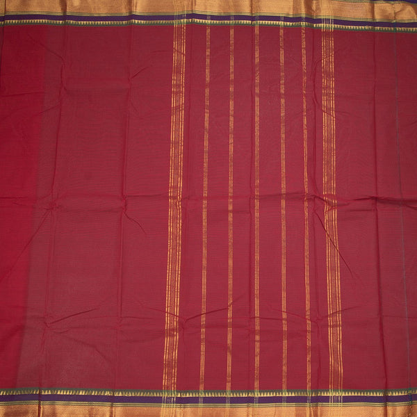 Chettinad Cotton Maroon Plain Saree With Temple Border Without Blouse