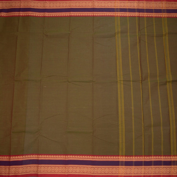 Chettinad Cotton Olive Green Plain Saree With Thread Border Without Blouse