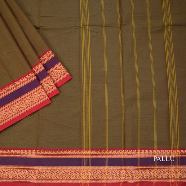 Chettinad Cotton Olive Green Plain Saree With Thread Border Without Blouse