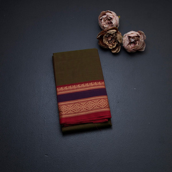 Chettinad Cotton Olive Green Plain Saree With Thread Border Without Blouse