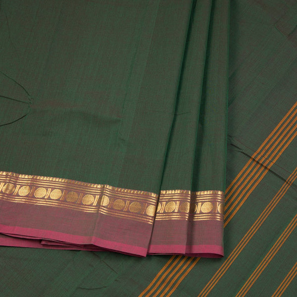 Chettinad Cotton Bottle Green Plain Saree With Zari Border Without Blouse 02