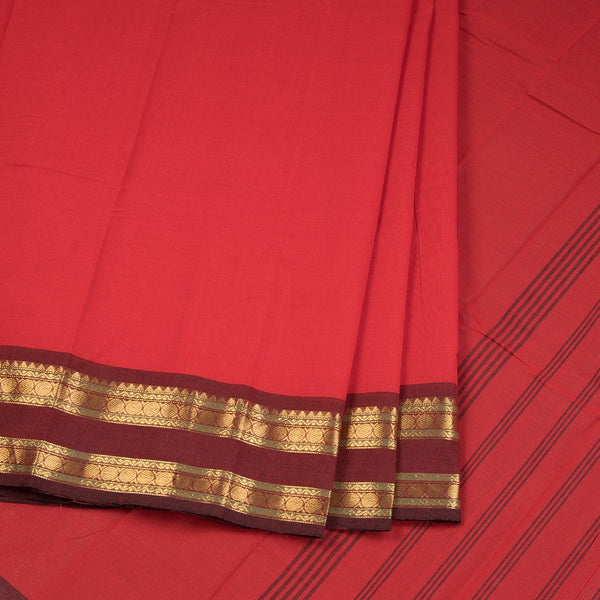Chettinad Cotton Red Plain Saree With Rettapet Border Without Blouse