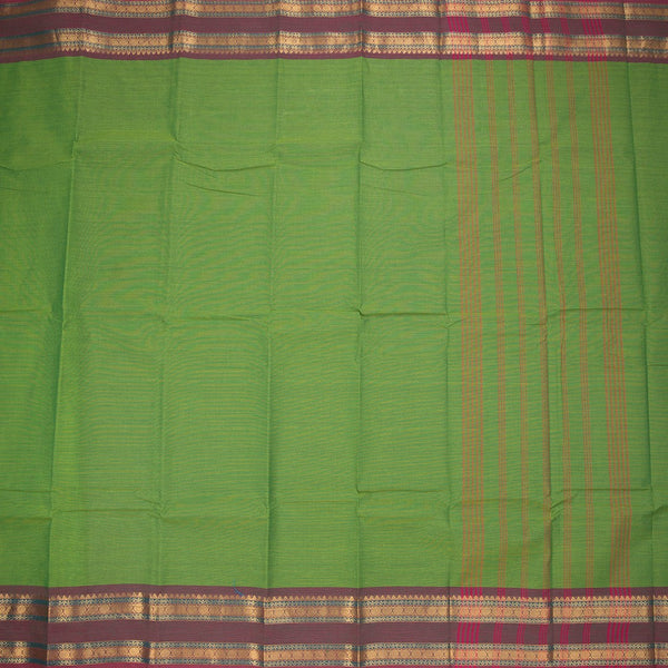 Chettinad Cotton Parrot Green Plain Saree With Rettapet Border Without Blouse