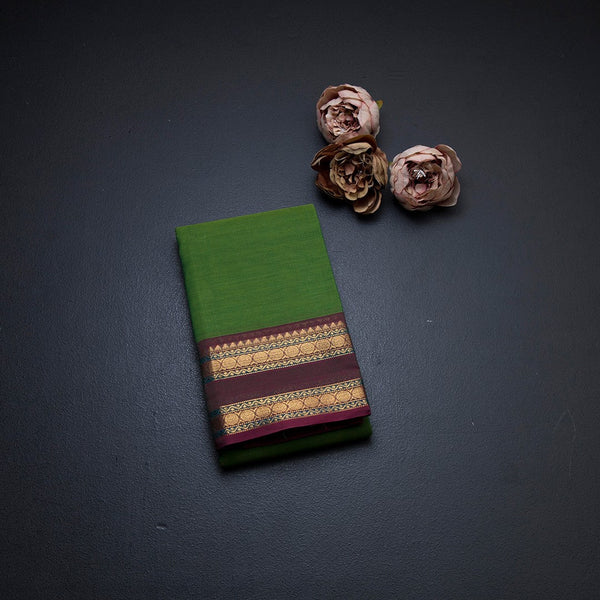 Chettinad Cotton Parrot Green Plain Saree With Rettapet Border Without Blouse
