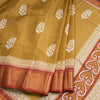 Semi Raw Silk Golden Brown Printed With Zari Stripes Saree