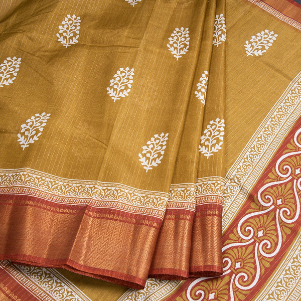 Semi Raw Silk Golden Brown Printed With Zari Stripes Saree
