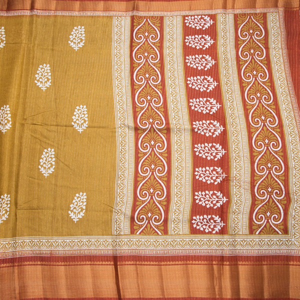 Semi Raw Silk Golden Brown Printed With Zari Stripes Saree
