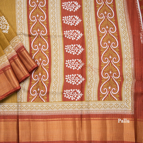 Semi Raw Silk Golden Brown Printed With Zari Stripes Saree