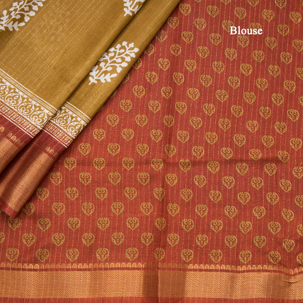 Semi Raw Silk Golden Brown Printed With Zari Stripes Saree
