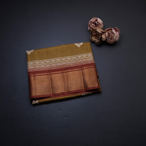 Semi Raw Silk Golden Brown Printed With Zari Stripes Saree