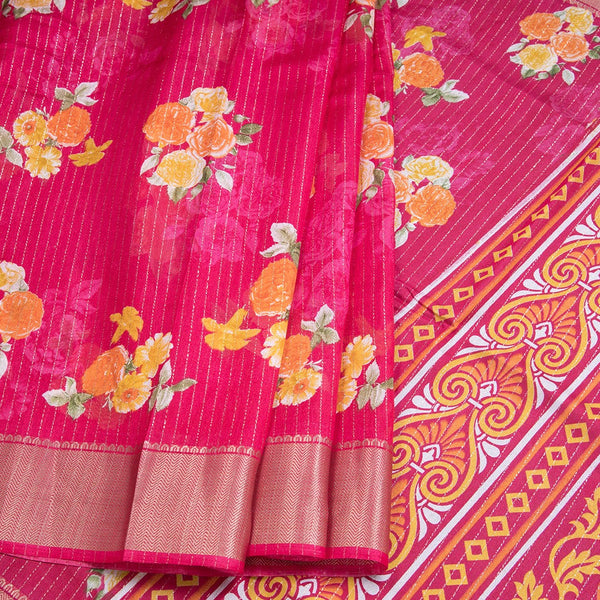 Semi Raw Silk Rose Pink Printed With Zari Stripes Saree
