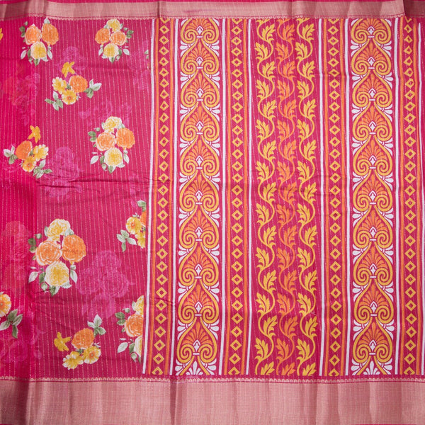 Semi Raw Silk Rose Pink Printed With Zari Stripes Saree