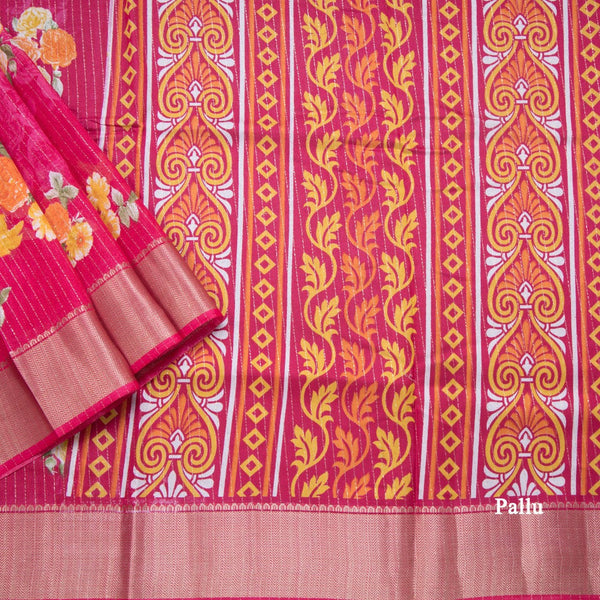 Semi Raw Silk Rose Pink Printed With Zari Stripes Saree