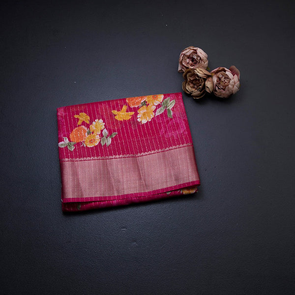 Semi Raw Silk Rose Pink Printed With Zari Stripes Saree