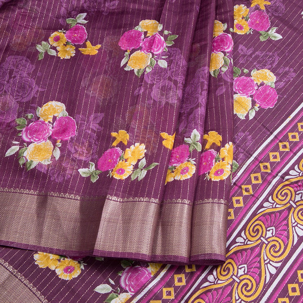 Semi Raw Silk Purple Printed With Zari Stripes Saree