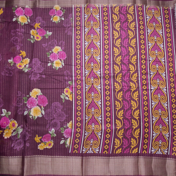 Semi Raw Silk Purple Printed With Zari Stripes Saree