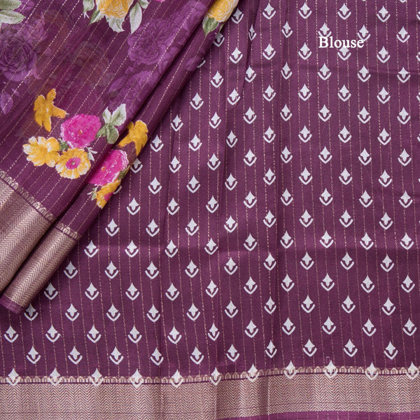 Semi Raw Silk Purple Printed With Zari Stripes Saree