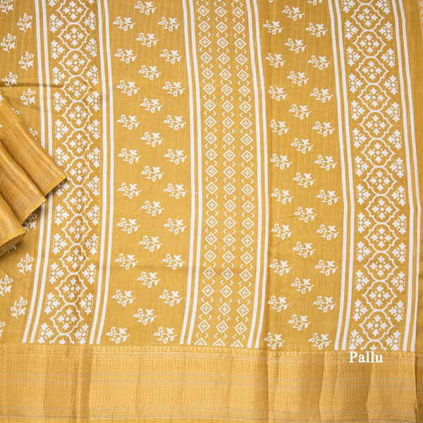 Semi Raw Silk Gold Printed With Zari Stripes Saree
